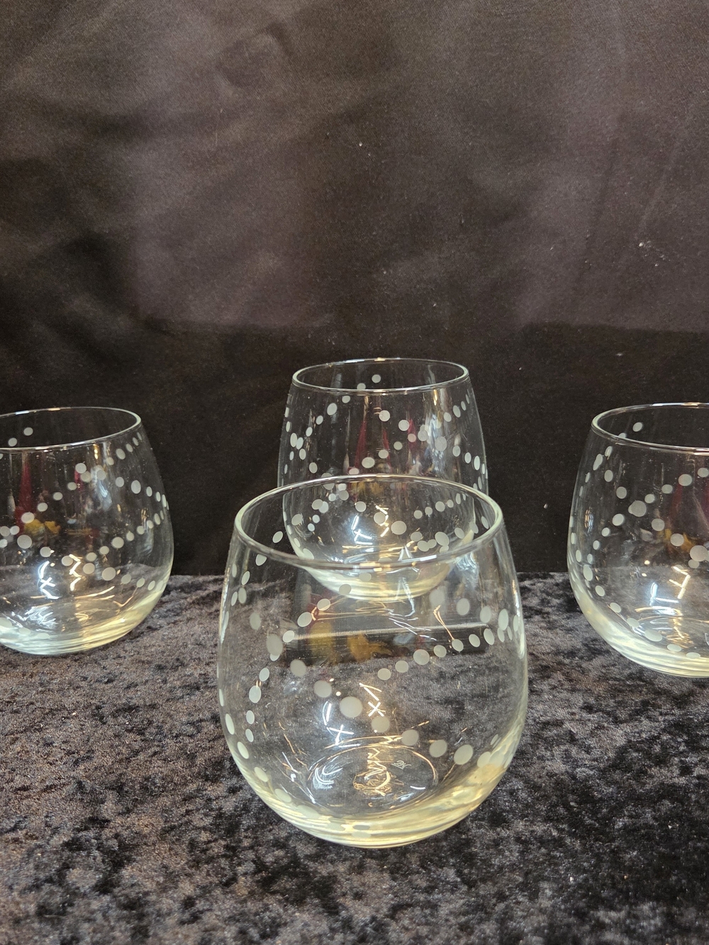4 Princess House Etched Swirl Dot Crystal Roly-Poly Cocktail Barware Glasses